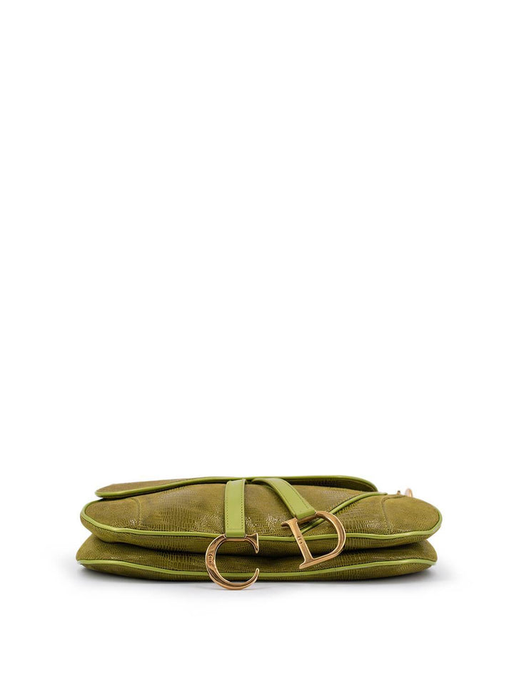 Christian Top quality Dior Shiny Lizard Double Saddle Bag Green
