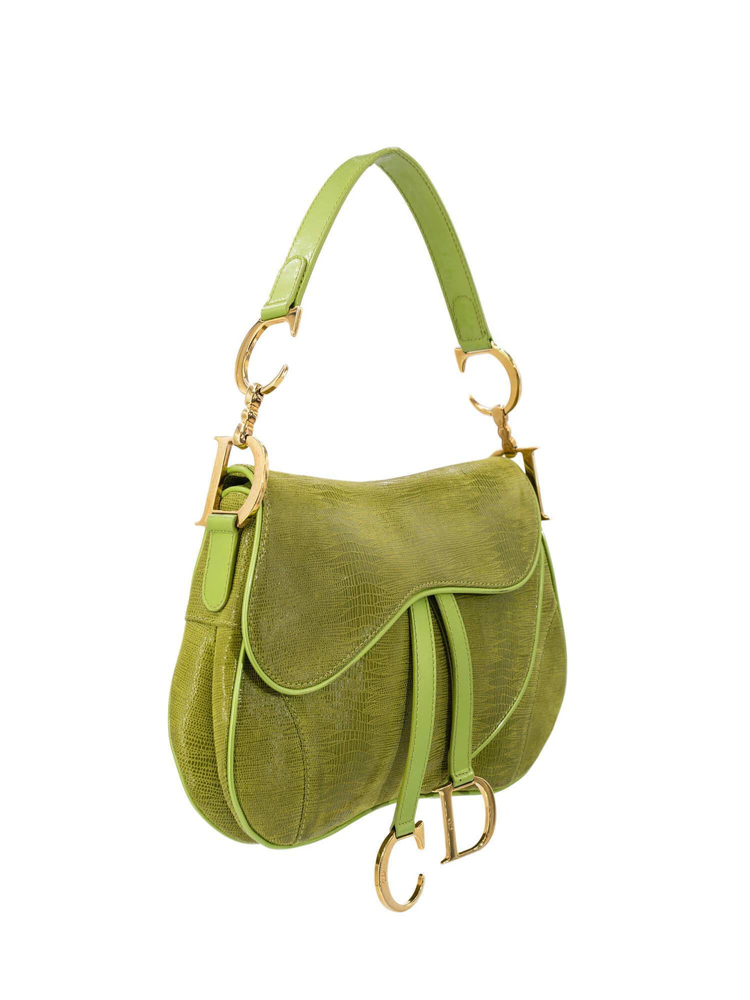 Christian Top quality Dior Shiny Lizard Double Saddle Bag Green