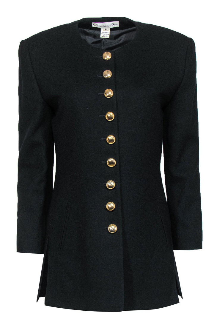 Christian Top quality Dior - Vintage Black Wool Longline Jacket w/ Gold Buttons Sz 4