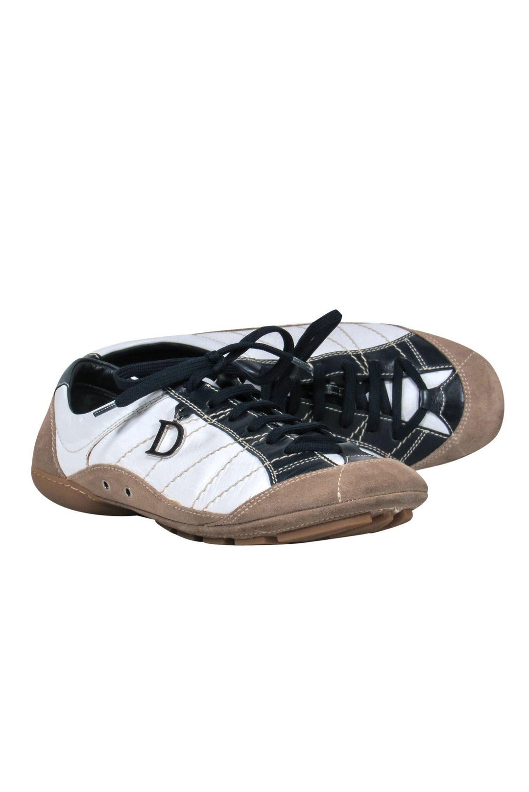 Christian Top quality Dior - White, Navy & Tan Colorblocked Leather & Suede Lace-Up Sneakers Sz 10
