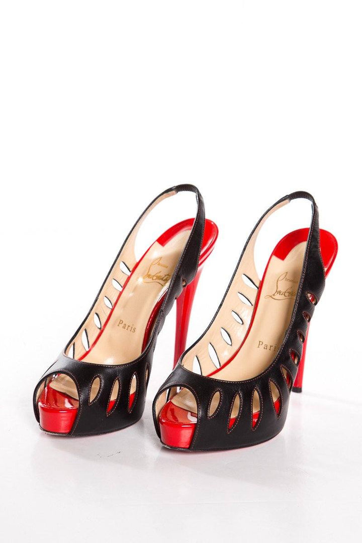 Christian Louboutin Black & Red Cut-Out Peep Toe Pumps SZ 38.5