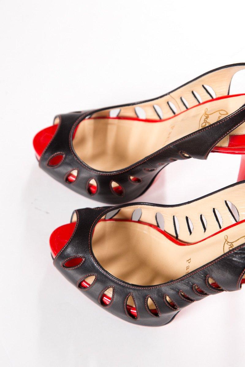 Christian Louboutin Black & Red Cut-Out Peep Toe Pumps SZ 38.5