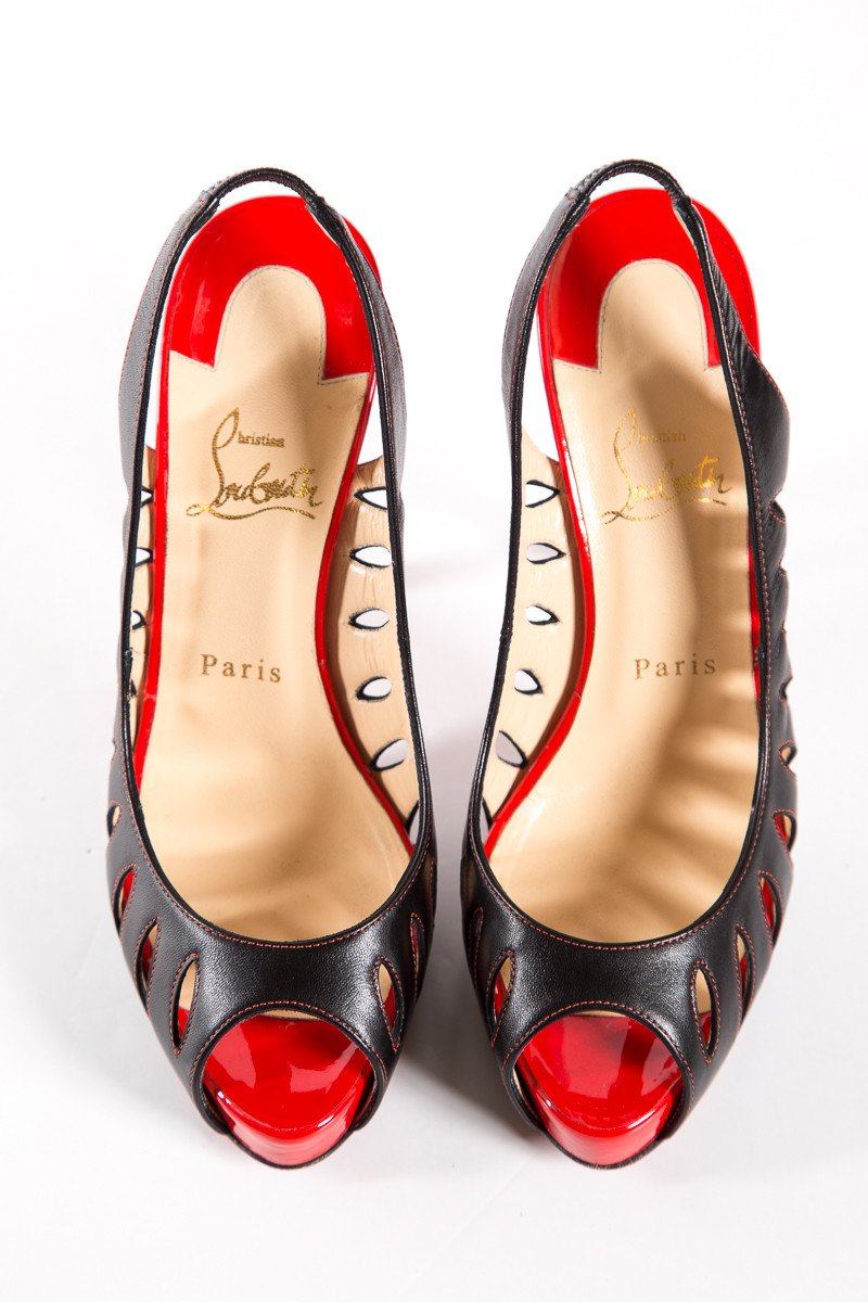 Christian Louboutin Black & Red Cut-Out Peep Toe Pumps SZ 38.5