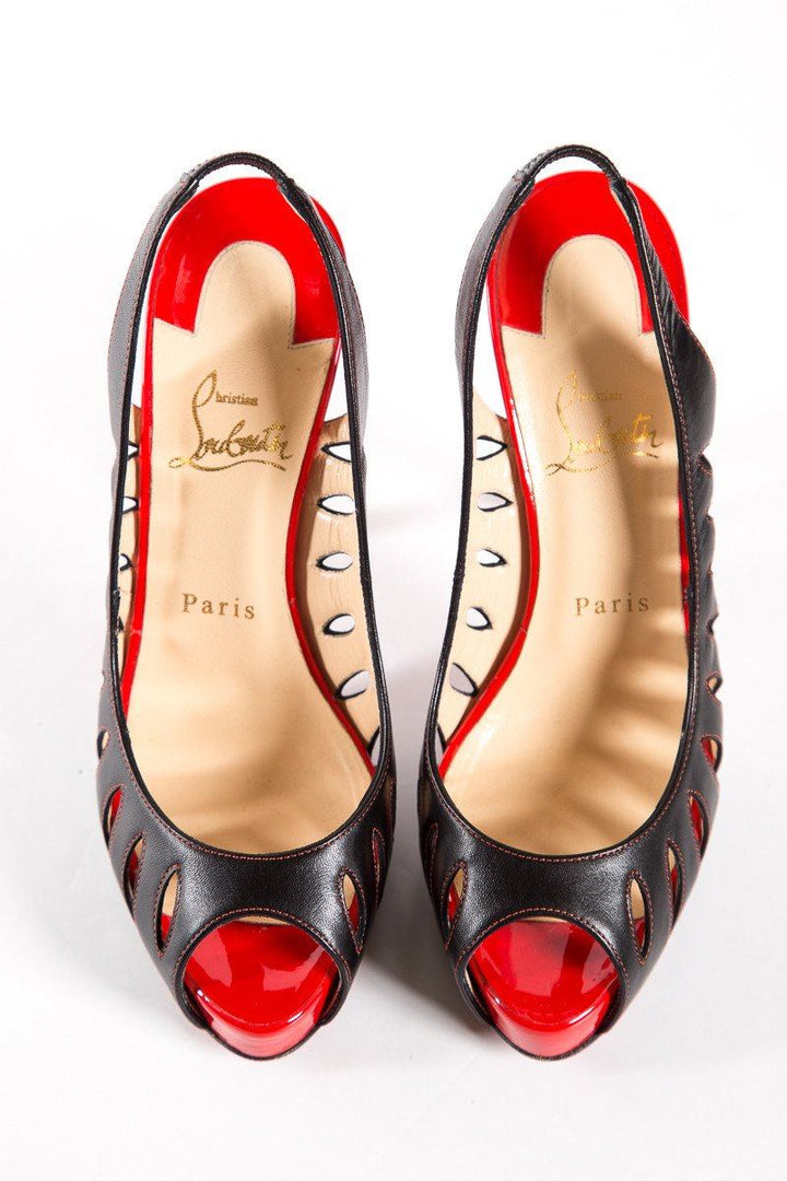 Christian Louboutin Black & Red Cut-Out Peep Toe Pumps SZ 38.5