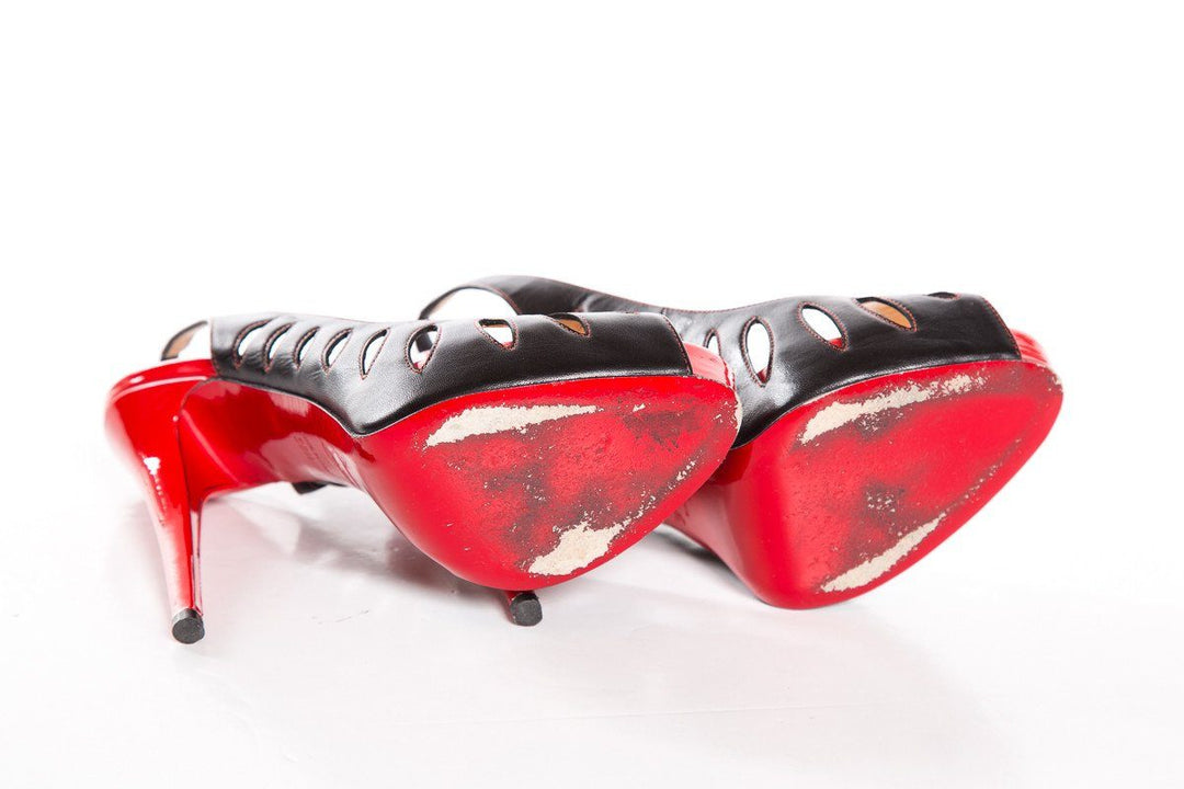 Christian Louboutin Black & Red Cut-Out Peep Toe Pumps SZ 38.5