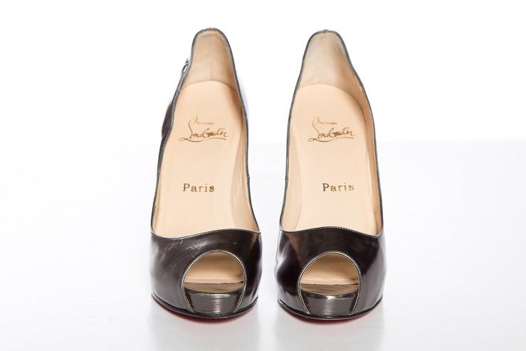 Christian Louboutin Gunmetal Metallic Peep-Toe Platform Heels SZ 37.5
