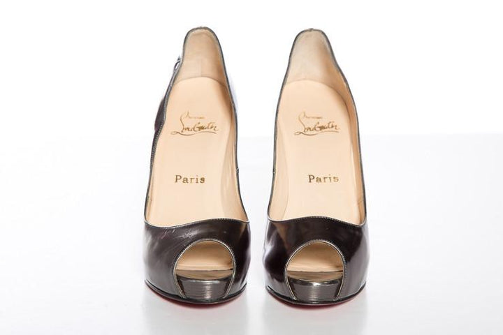 Christian Louboutin Gunmetal Metallic Peep-Toe Platform Heels SZ 37.5
