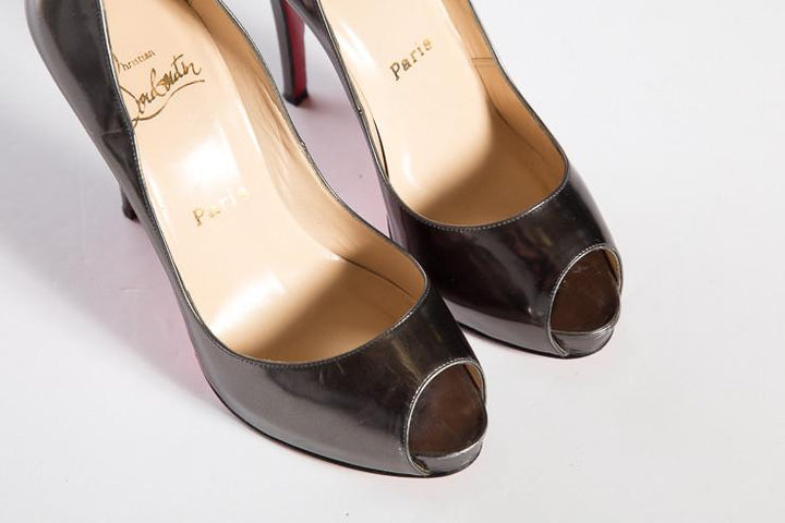 Christian Louboutin Gunmetal Metallic Peep-Toe Platform Heels SZ 37.5