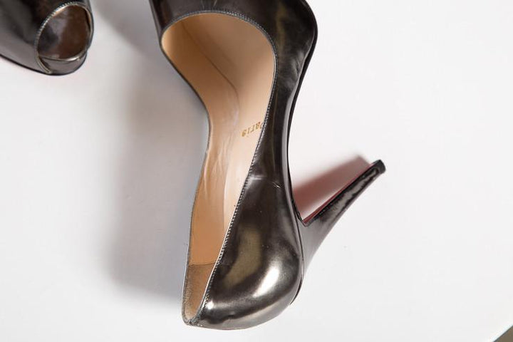 Christian Louboutin Gunmetal Metallic Peep-Toe Platform Heels SZ 37.5