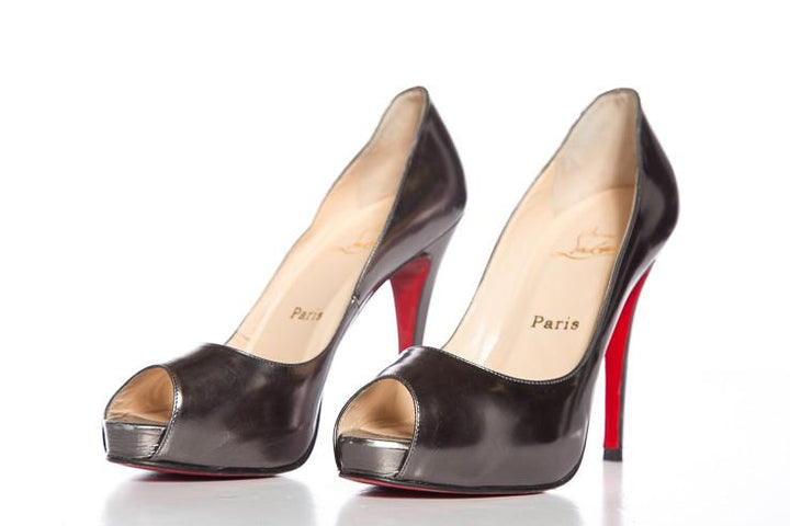 Christian Louboutin Gunmetal Metallic Peep-Toe Platform Heels SZ 37.5