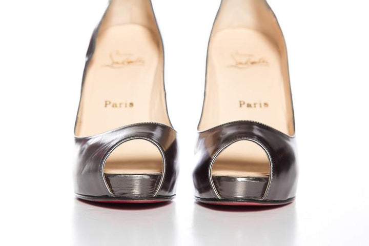 Christian Louboutin Gunmetal Metallic Peep-Toe Platform Heels SZ 37.5