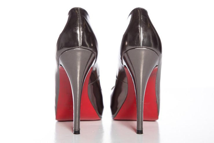 Christian Louboutin Gunmetal Metallic Peep-Toe Platform Heels SZ 37.5