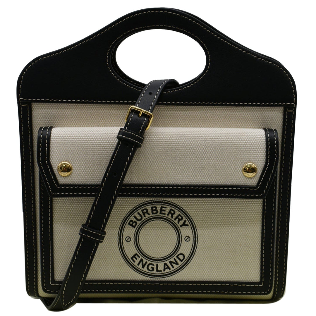 BURBERRY Mini Logo Graphic Canvas Leather Pocket Tote Bag Natural