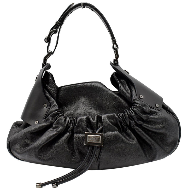 BURBERRY Warrior Drawstring Leather Hobo Bag Black