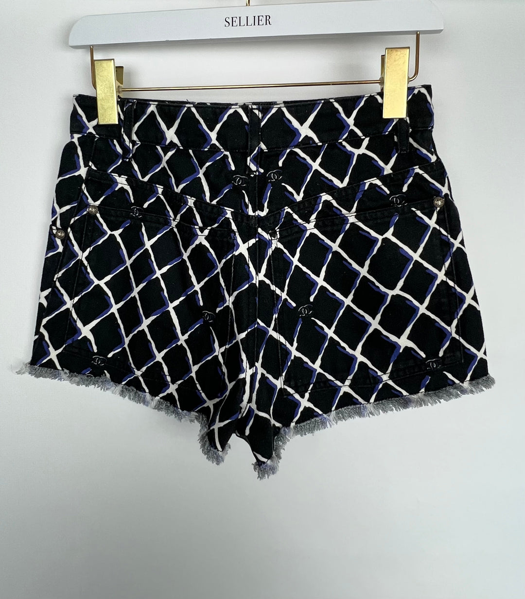 Top Quality Chanel Black Denim Mini Shorts with Quilted Print in Blue & White with Anchor Button Detail Size FR 34 (UK 6)