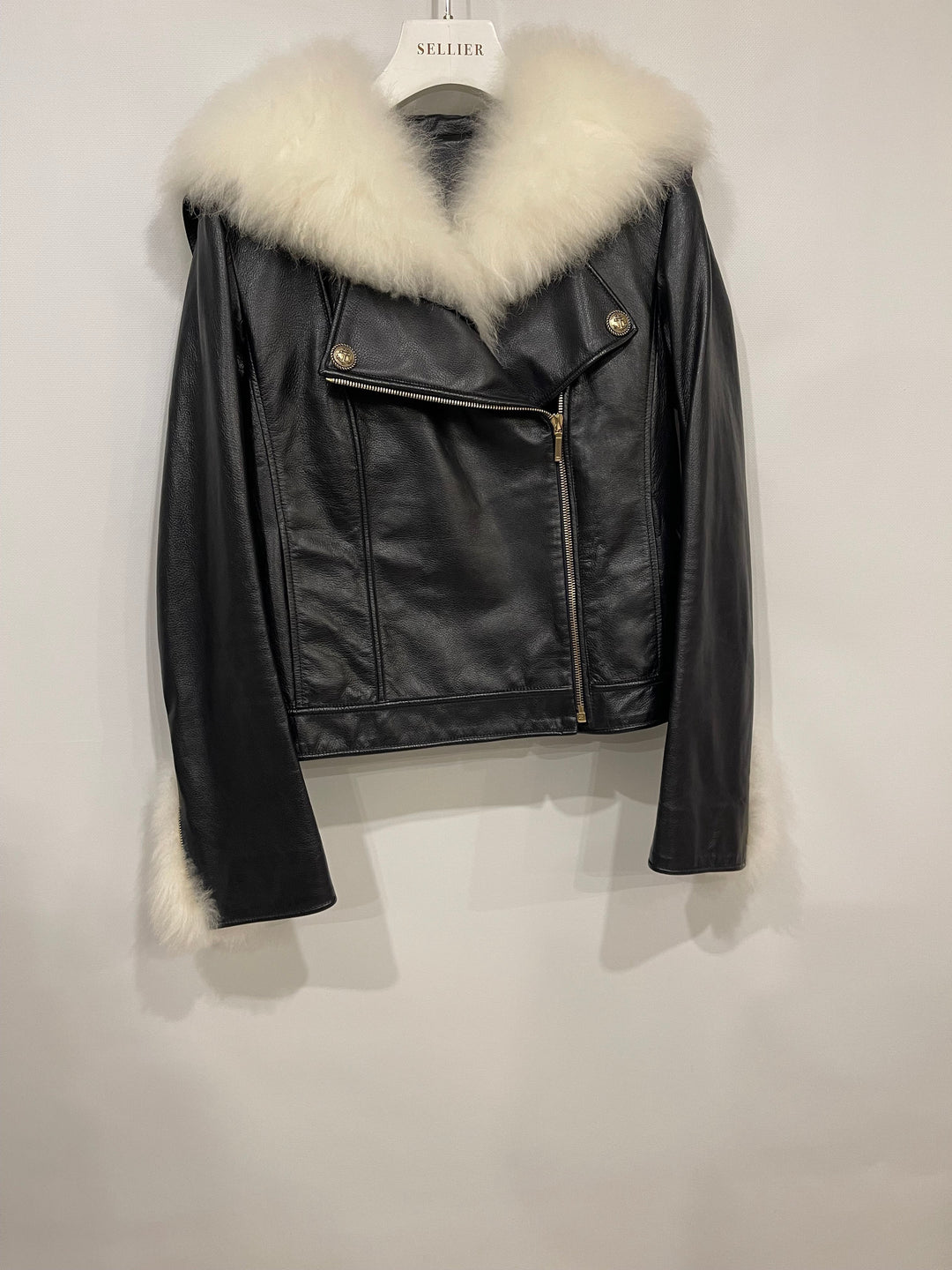 Top Quality Chanel Black Leather Asymmetric Jacket with White Fur Details and Logo Buttons Detail Size FR 34 (UK 6)