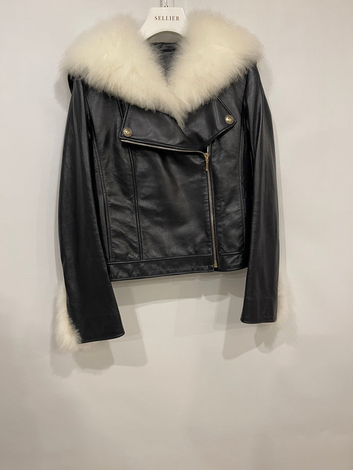 Top Quality Chanel Black Leather Asymmetric Jacket with White Fur Details and Logo Buttons Detail Size FR 34 (UK 6)