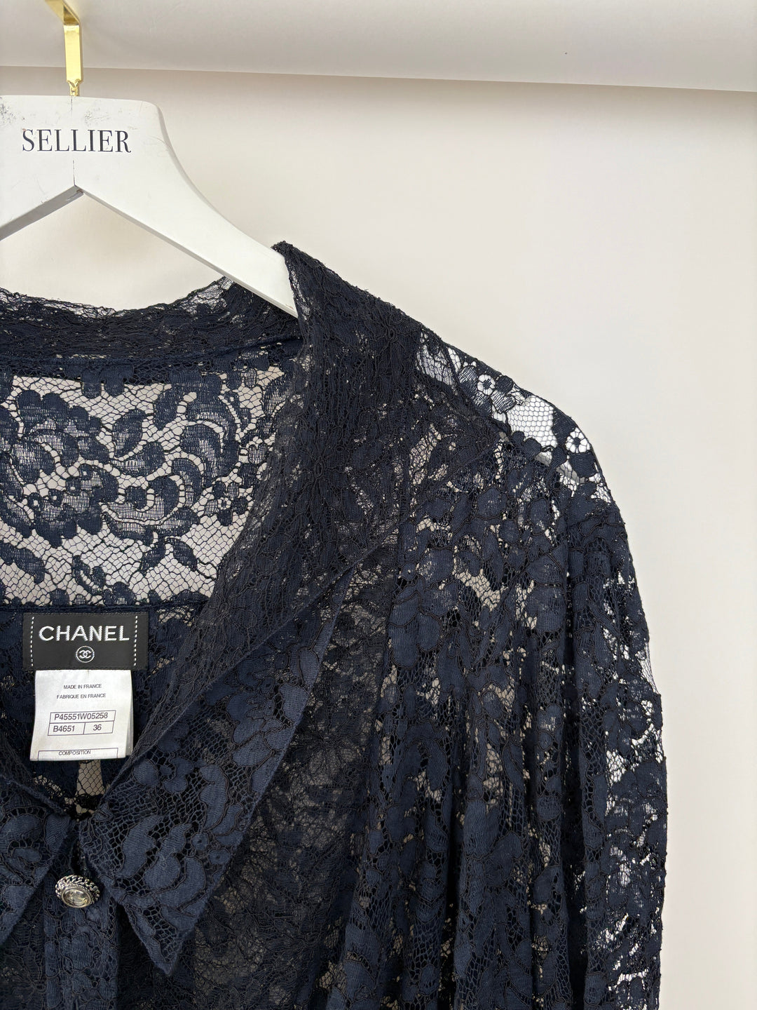 Top Quality Chanel Navy Lace Long Sleeve Shirt with Ruthenium Buttons Detail Size FR 36 (UK 8)