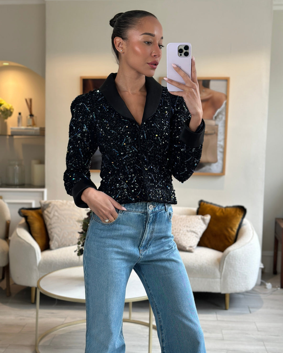 *HOT* Top Quality Chanel Black and Blue Sequin Embellished Jacket with Satin Collar Detail Size FR 34 (UK 6)