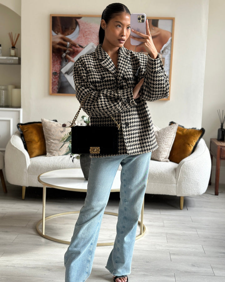 *HOT* Top Quality Chanel Black Velvet Chevron Medium Boy Bag with CC Logo and Antique Gold Hardware