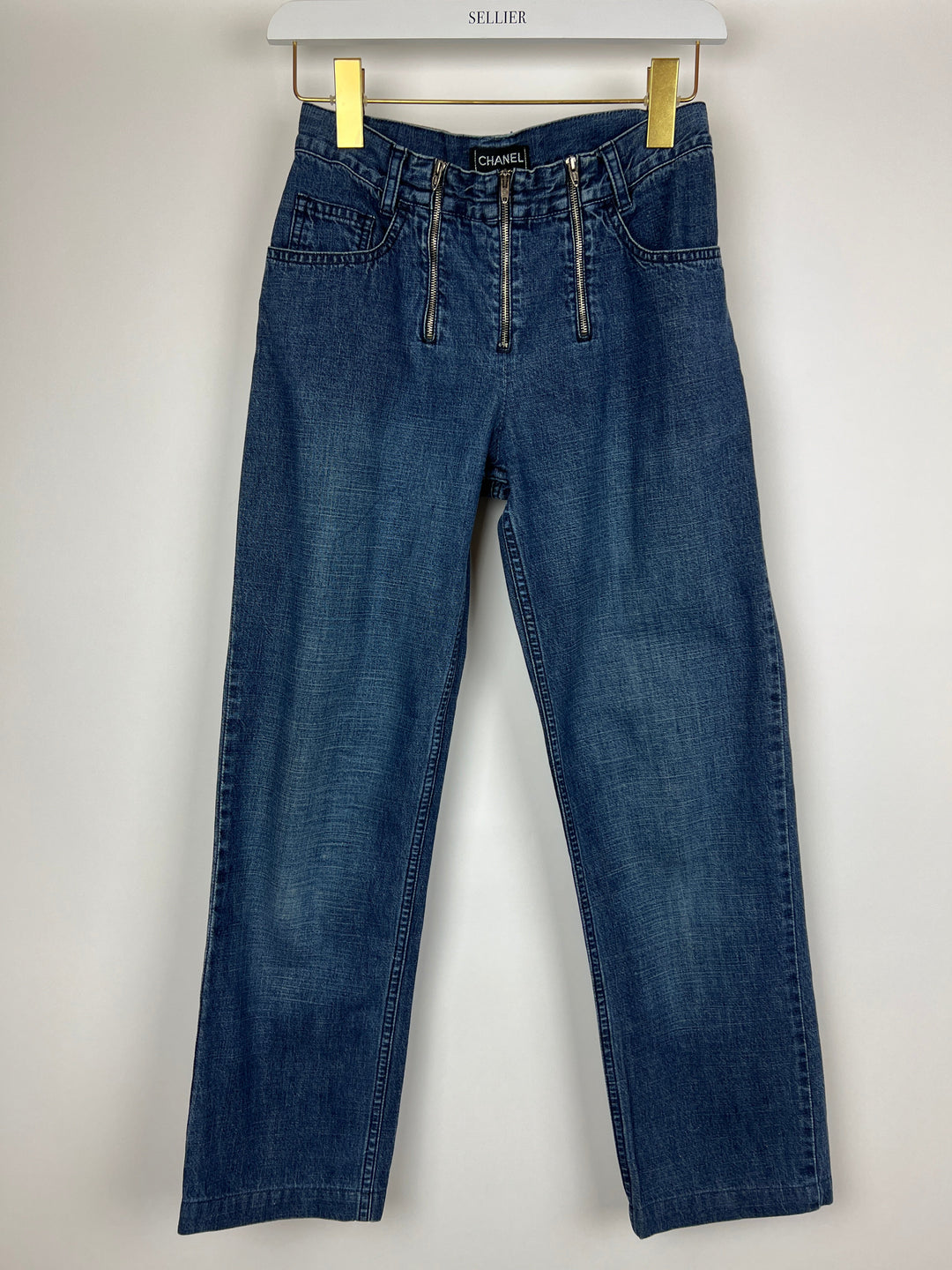 Top Quality Chanel Vintage 01/A Washed Blue Denim 3 Zip Jeans Size FR 38 (UK 10)