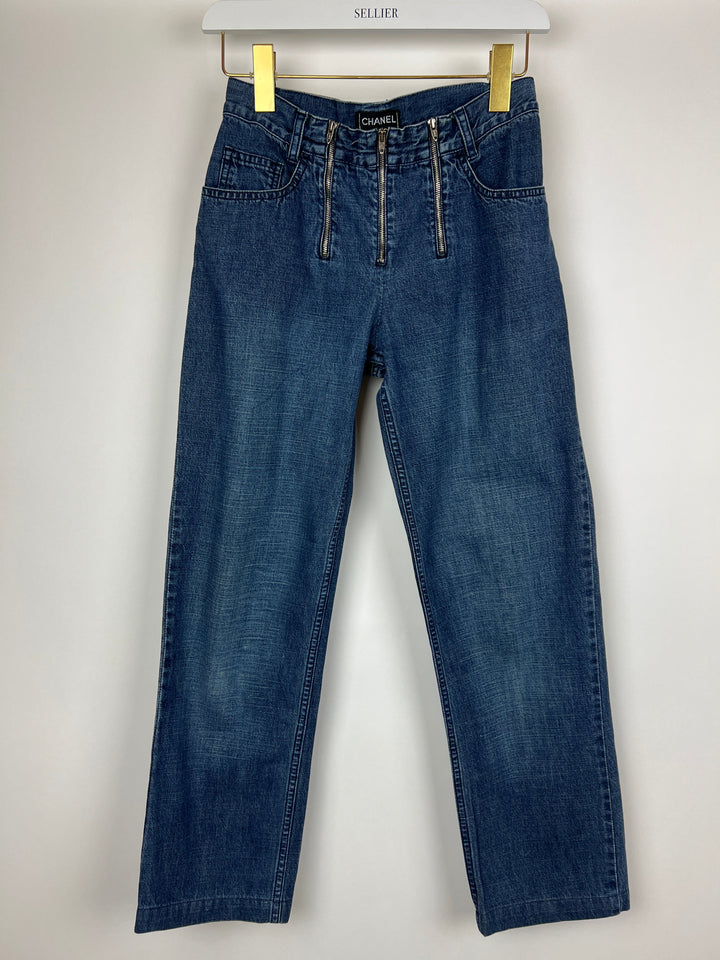 Top Quality Chanel Vintage 01/A Washed Blue Denim 3 Zip Jeans Size FR 38 (UK 10)