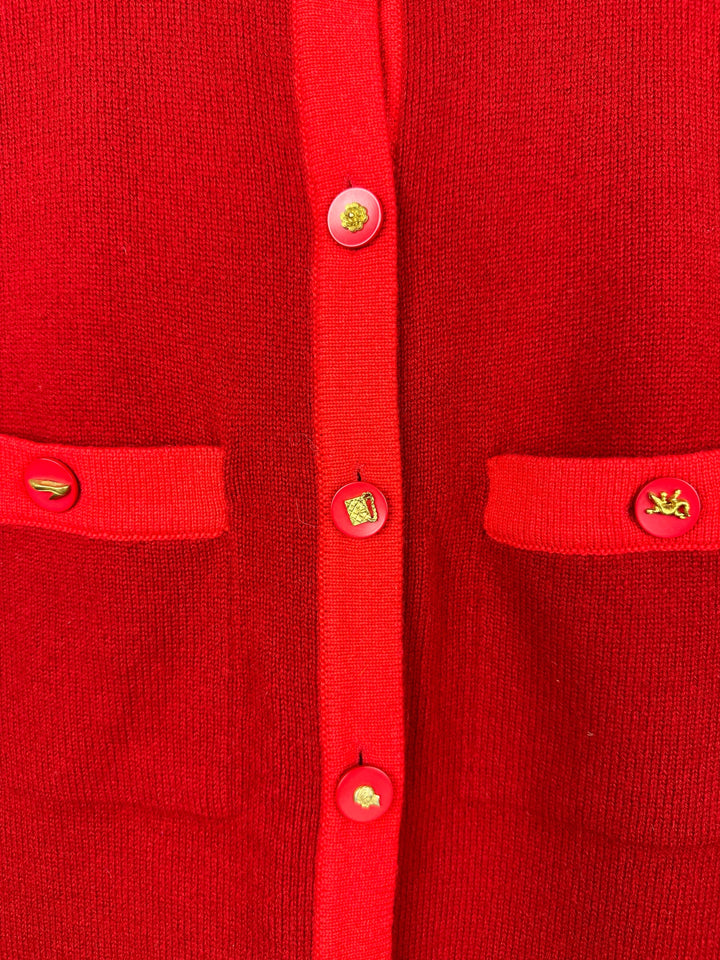 *HOT* Chanel Red Long Sleeve Knit Mini Dress with Multi Icon Logo Button Details FR 38 (UK 10)
