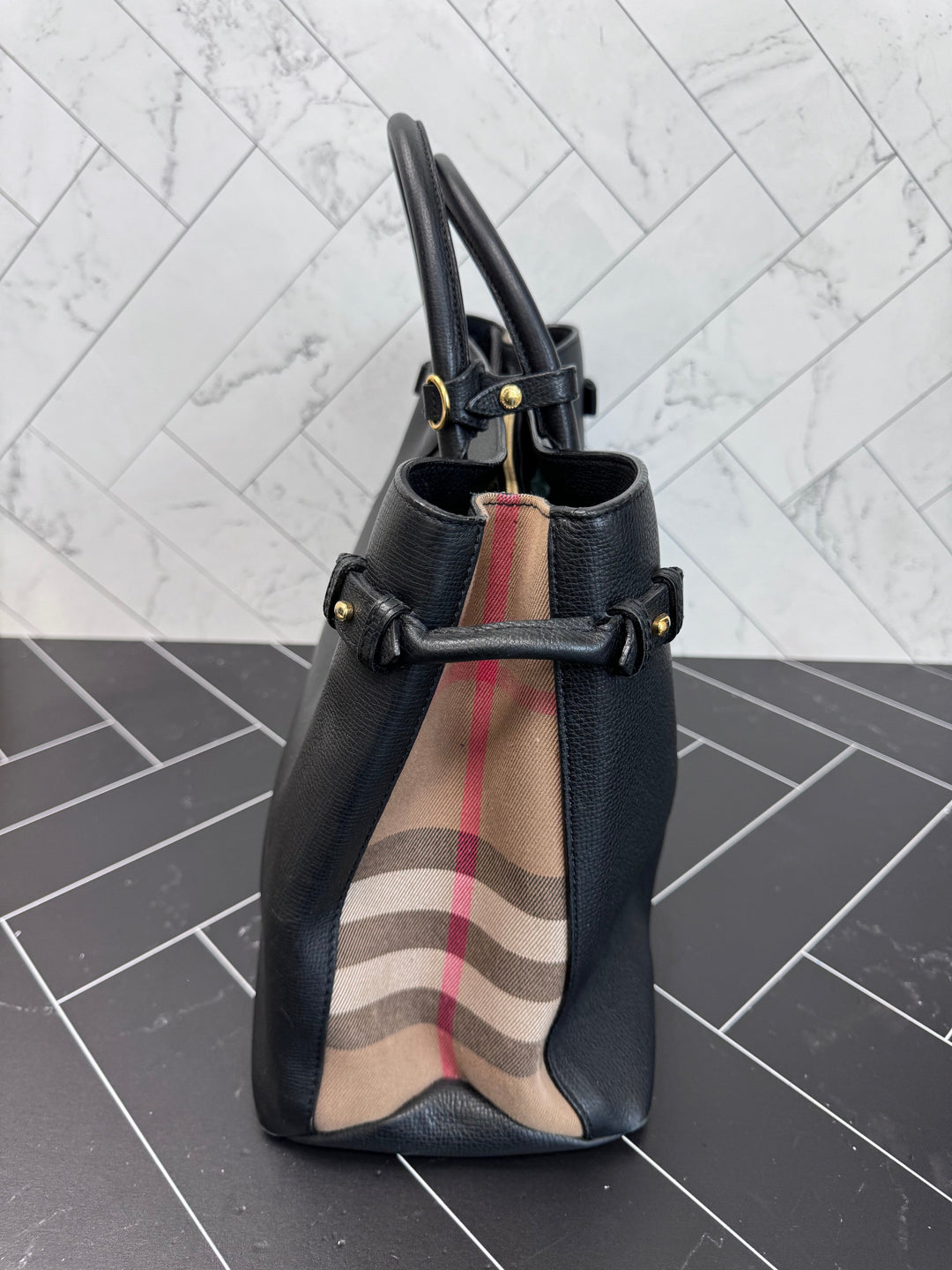 Burberry Black Leather Banner Tote Bag