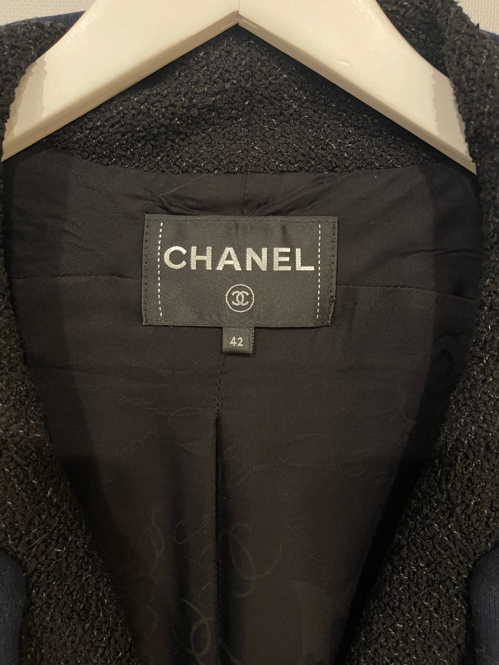 Top Quality Chanel Black Tweed Jacket with Velcro and Navy Details Size FR 42 (UK 14)