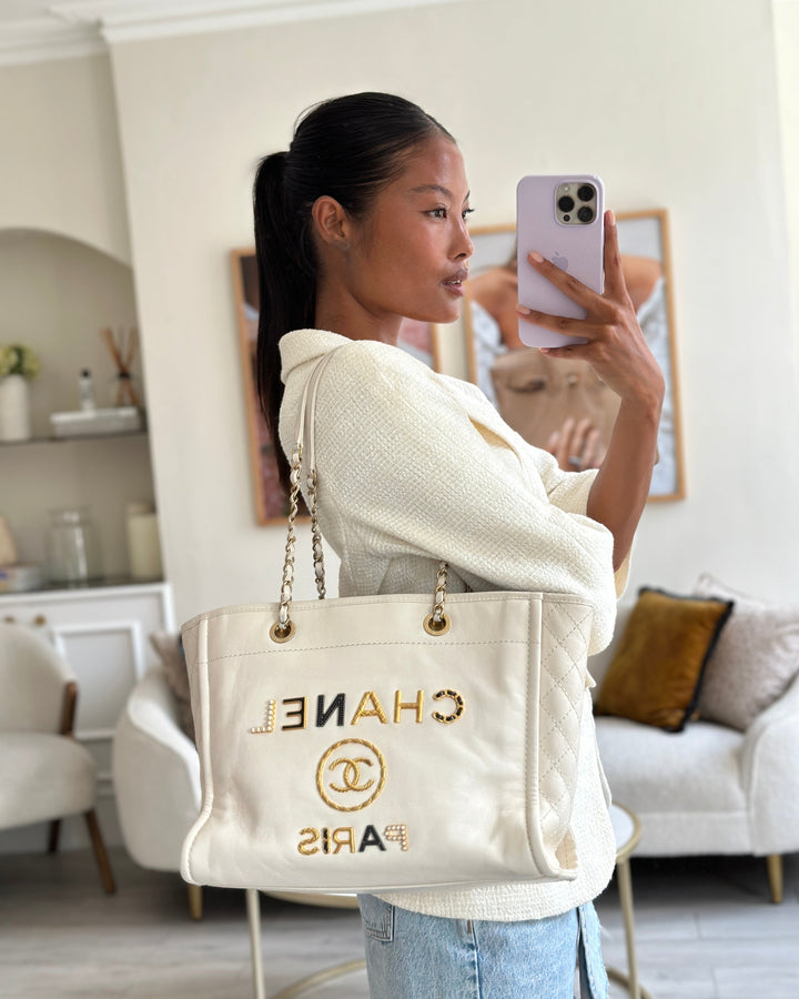 *HOT* Top Quality Chanel White Small Deauville Tote Bag in Aged Calfskin Leather with Antique Gold Hardware and Pearl, Crystal Logo Detail