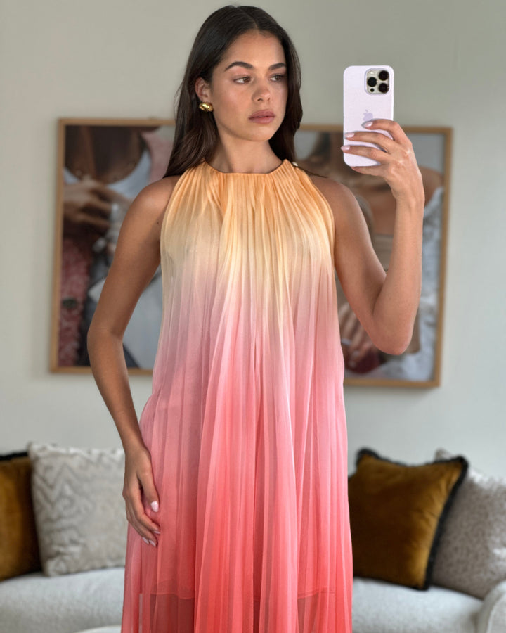 Top Quality Chanel 20A Ombre Pink, Peach and Orange Silk Pleated Sleeveless Midi Dress Size FR 34 (UK 6) RRP ¬£5,500
