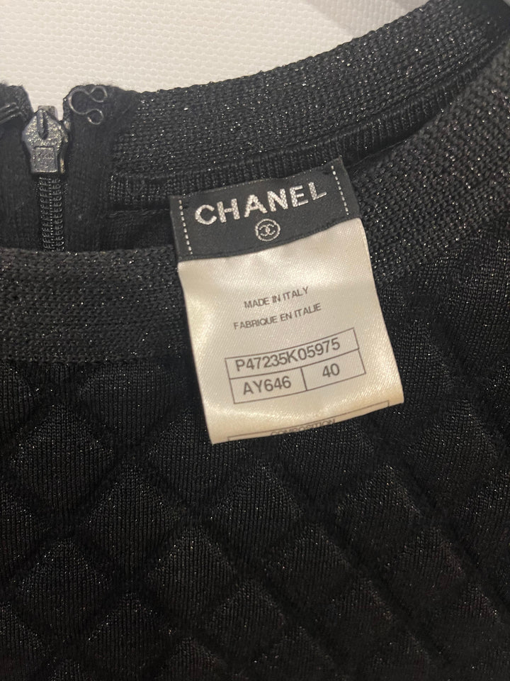 Top Quality Chanel Black Padded Shimmery Short Sleeve Bodycon Mini Dress with CC Logo Detail Size FR 40 (UK 12)