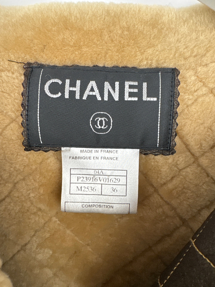Top Quality Chanel Brown Quilted Stitch Shearling Zip -Up Jacket With Double Collar Detail FR 36 (UK 8)
