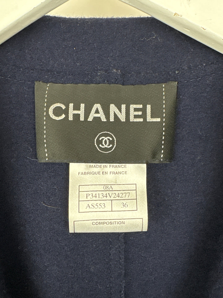 Top Quality Chanel Navy Wool Blazer Jacket with Silver CC Button Detail FR 36 (UK 8)