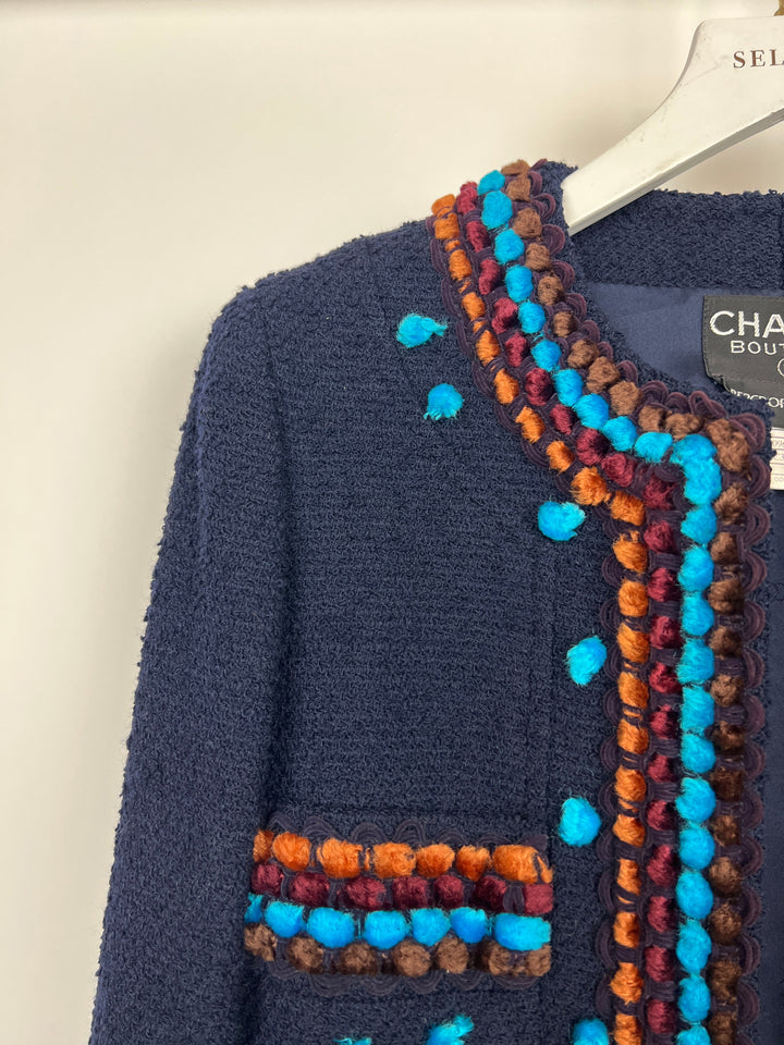 Top Quality Chanel for Bergdorf Newman AW/97 Navy Boucle Cropped Jacket with Matching Trousers Size FR 36 (UK 8)