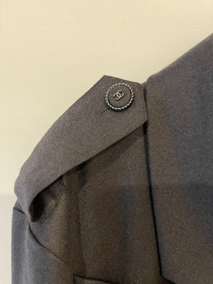 Top Quality Chanel Charcoal Wool Trench Coat with CC Logo Buttons Detailing Size FR 42 (UK 14)