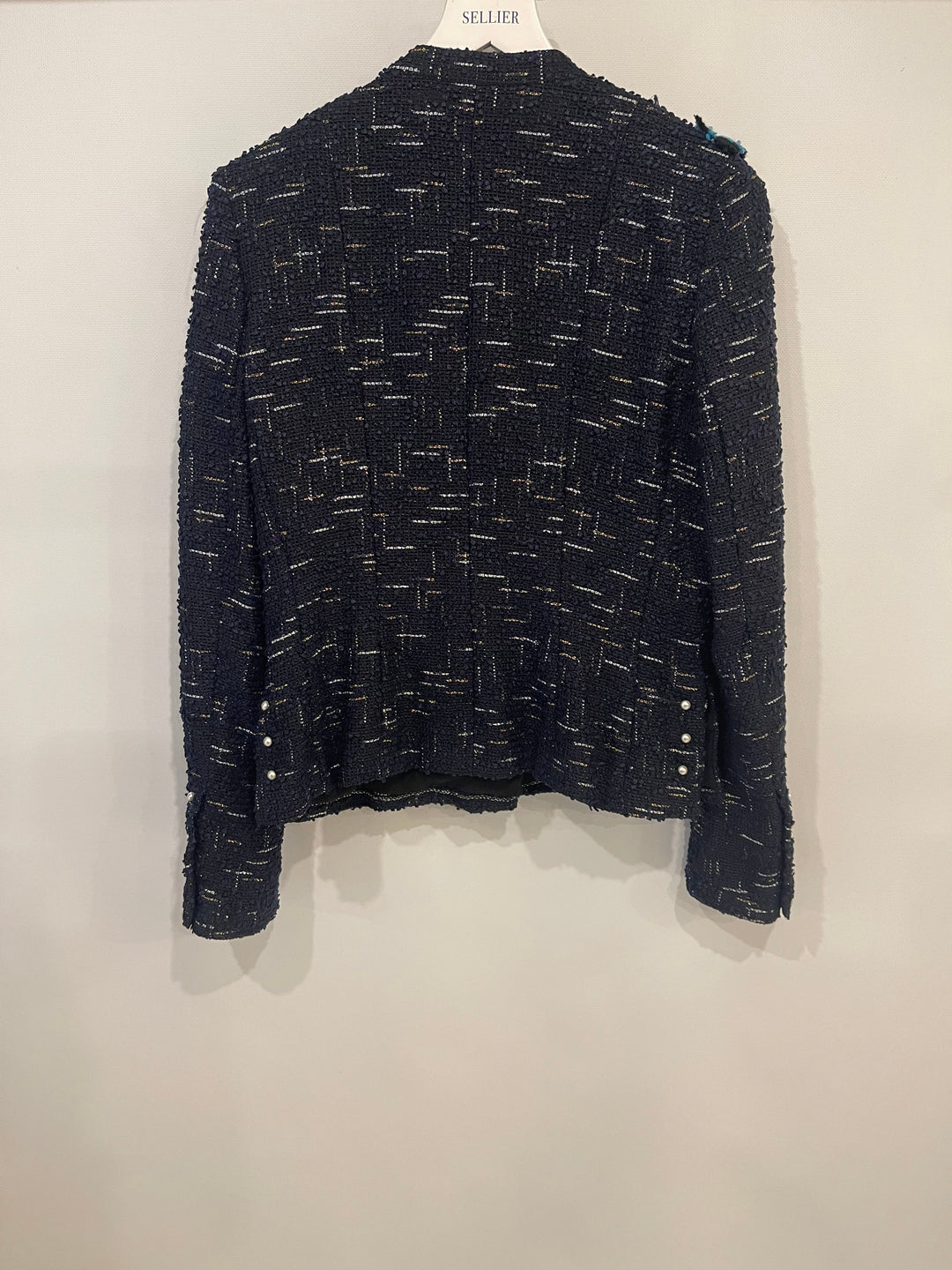 Top Quality Chanel x Tiger In The Rain 04/P Black, Navy and White Tweed Jacket with Gold CC Logo Buttons and Chain Detail Size FR 40 (UK 12)