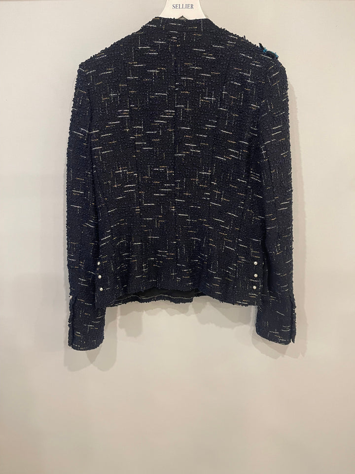 Top Quality Chanel x Tiger In The Rain 04/P Black, Navy and White Tweed Jacket with Gold CC Logo Buttons and Chain Detail Size FR 40 (UK 12)