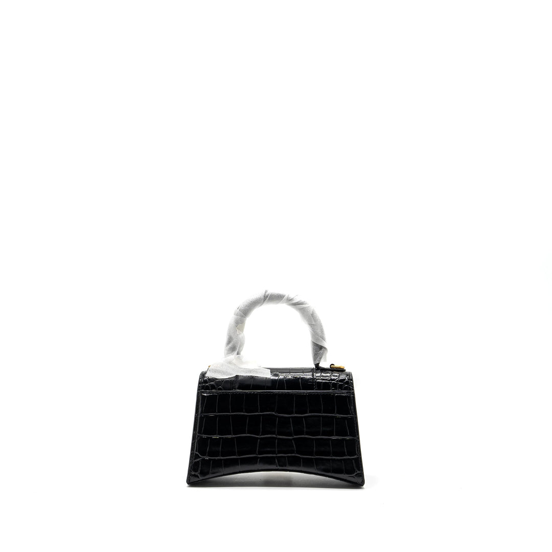 Top Quality Balenciaga Hourglass XS Handbag Crocodile Embossed Black GHW