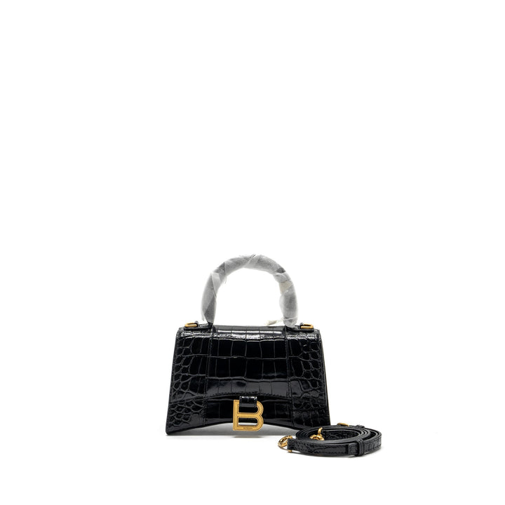 Top Quality Balenciaga Hourglass XS Handbag Crocodile Embossed Black GHW
