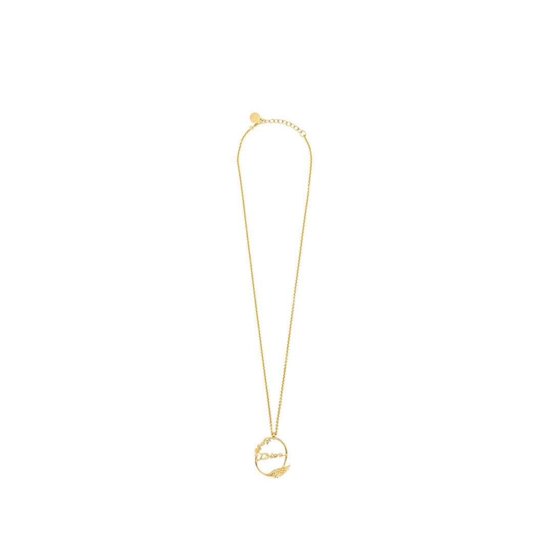 Top quality Dior Flora and Wing Circle Pendant Necklace Gold Tone