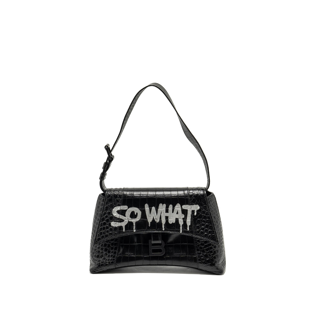 Top Quality Balenciaga Limited Edition Downtown Small Shoulder Bag Croc-Embossed Calfskin Black with Black Hardware