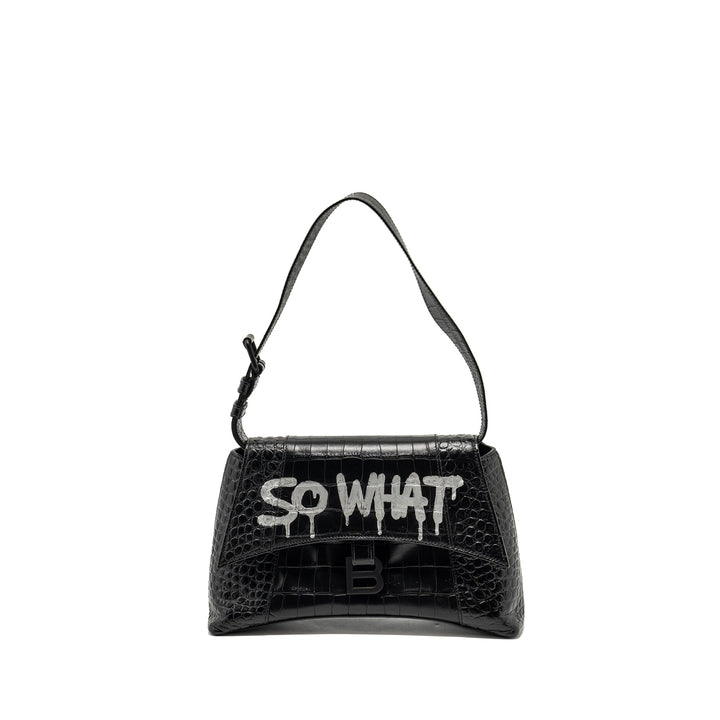 Top Quality Balenciaga Limited Edition Downtown Small Shoulder Bag Croc-Embossed Calfskin Black with Black Hardware