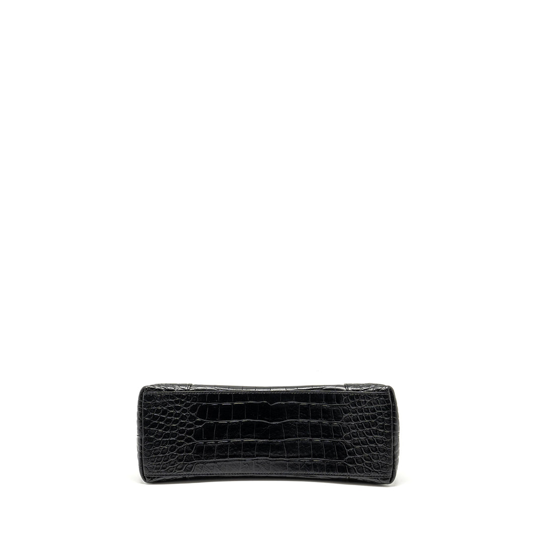 Top Quality Balenciaga Limited Edition Downtown Small Shoulder Bag Croc-Embossed Calfskin Black with Black Hardware