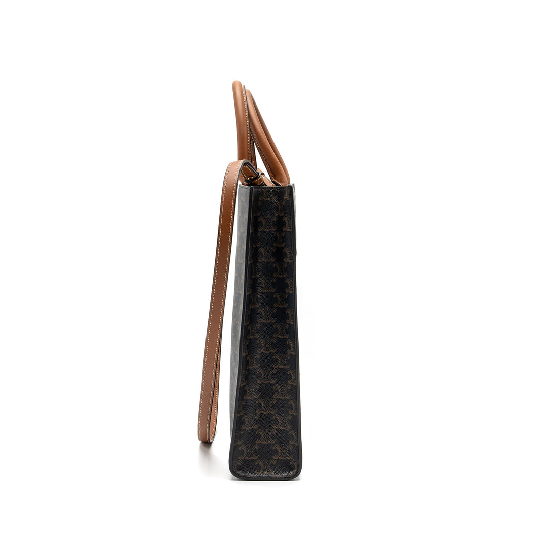 Celine Cabas Vertical in Triomphe Canvas and Calfskin tan