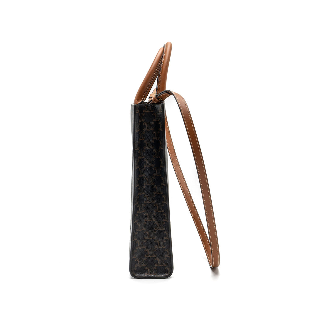 Celine Cabas Vertical in Triomphe Canvas and Calfskin tan
