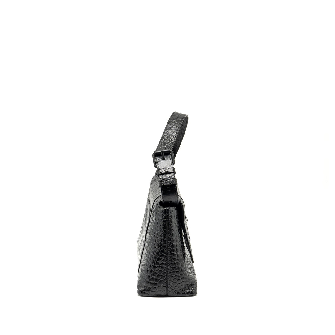 Top Quality Balenciaga Limited Edition Downtown Small Shoulder Bag Croc-Embossed Calfskin Black with Black Hardware