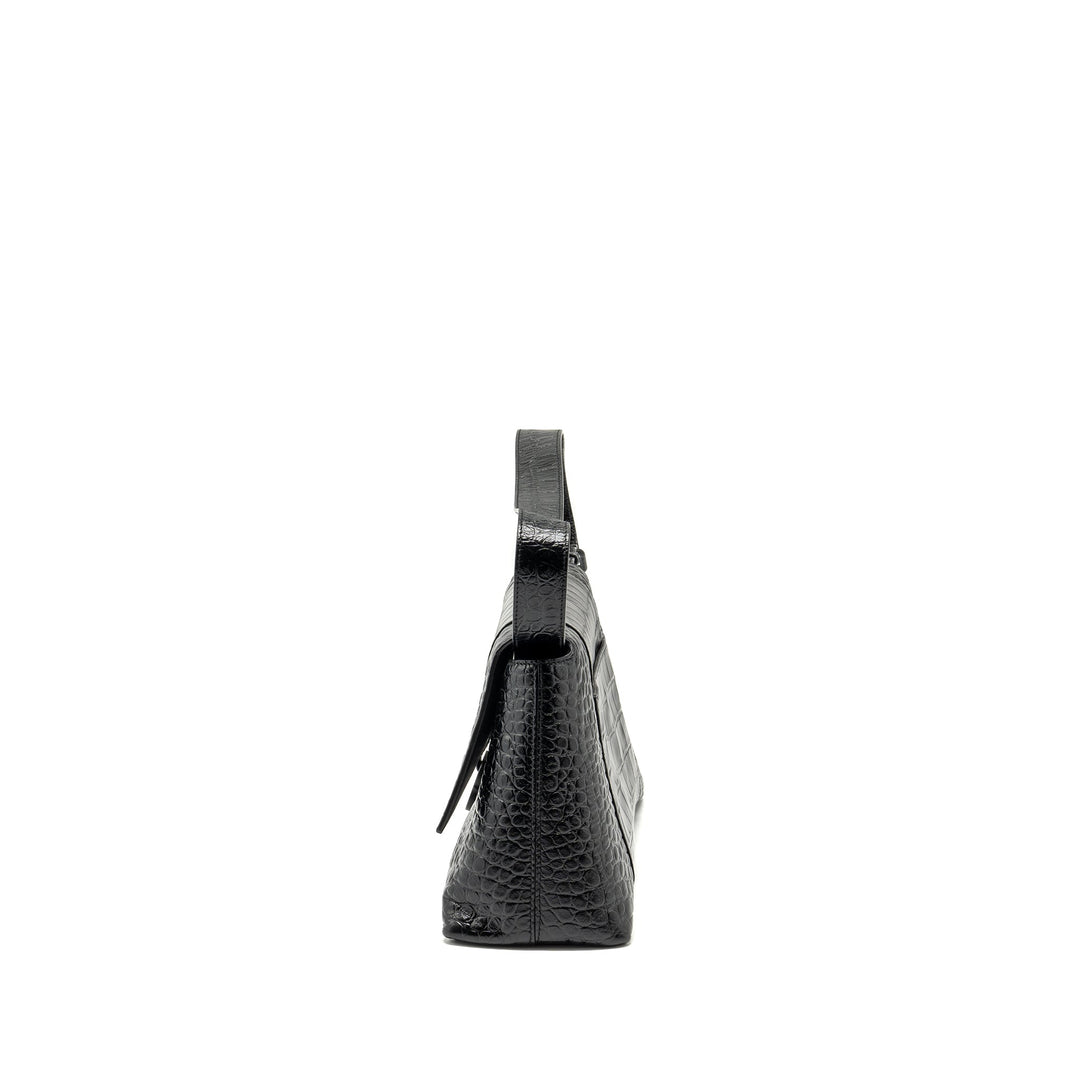 Top Quality Balenciaga Limited Edition Downtown Small Shoulder Bag Croc-Embossed Calfskin Black with Black Hardware