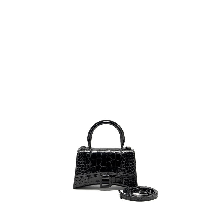 Top Quality Balenciaga XS Hourglass Croc-embossed Calfskin So Black