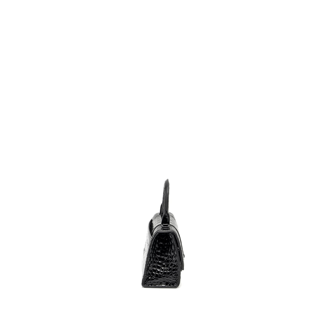 Top Quality Balenciaga XS Hourglass Croc-embossed Calfskin So Black